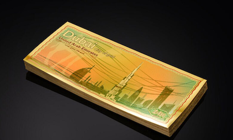 خرید اسکناس طلای 24 عیار با طرح نمادهای دبی